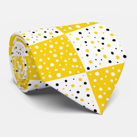 Geel Zwart & Wit Polka Dot Kleur Blok Patroon Stropdas (Opgerold)