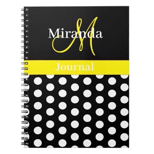 Geel Zwart Wit Polka Dot Monogram Notitieboek (Voorkant)