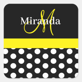 Geel Zwart Wit Polka Dot Monogram Vierkante Sticker