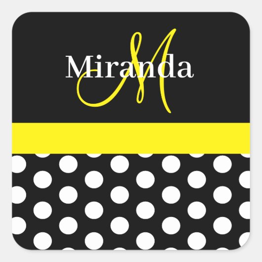 Geel Zwart Wit Polka Dot Monogram Vierkante Sticker (Voorkant)