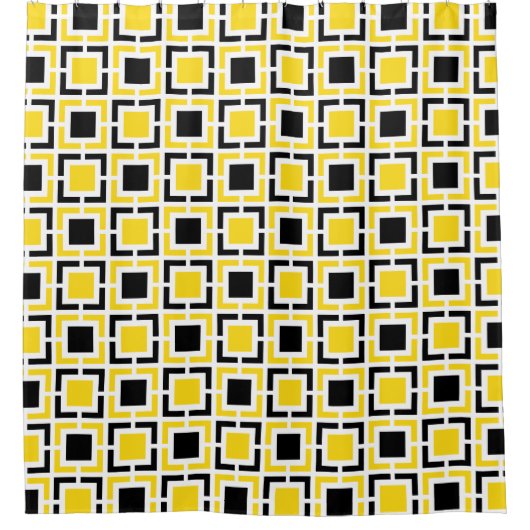 Geel, zwart-wit Retro-vierkantjes Douchegordijn (Voorkant)