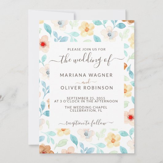 Geel zwart-wit Simple Floral Elegant Script Inv Kaart (Voorkant)