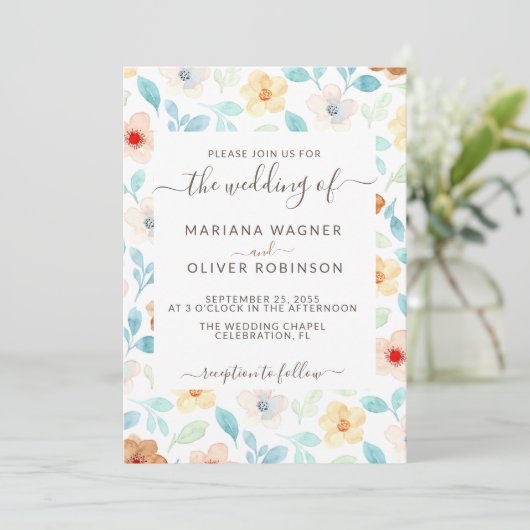 Geel zwart-wit Simple Floral Elegant Script Inv Kaart (Staand voorkant)