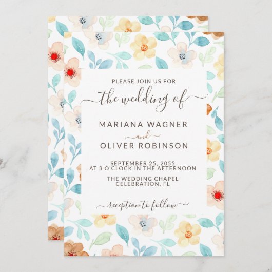 Geel zwart-wit Simple Floral Elegant Script Inv Kaart (Voorkant / Achterkant)