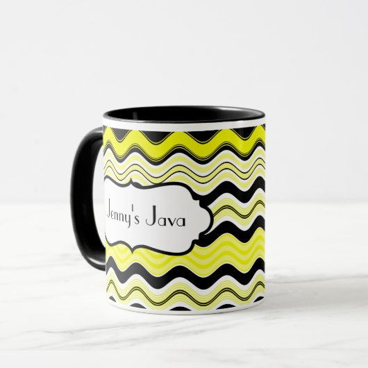 Geel, zwart, witte strepen, gepersonaliseerde micr mok (Voorkant links)