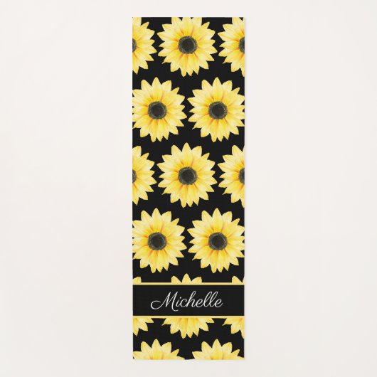 Geel Zwart Zonnebloem Waterverf Patroon Aangepast Yogamat (Voorkant)