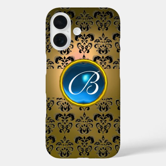 GEEL ZWARTE DAMASKBLAUWE GEMSTONMONOGRAM Case-Mate iPhone CASE (Achterkant)