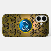 GEEL ZWARTE DAMASKBLAUWE GEMSTONMONOGRAM Case-Mate iPhone CASE (Achterkant (horizontaal))