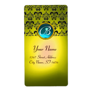 GEEL ZWARTE DAMASKMONOGRAM, aquamarineturkase Etiket