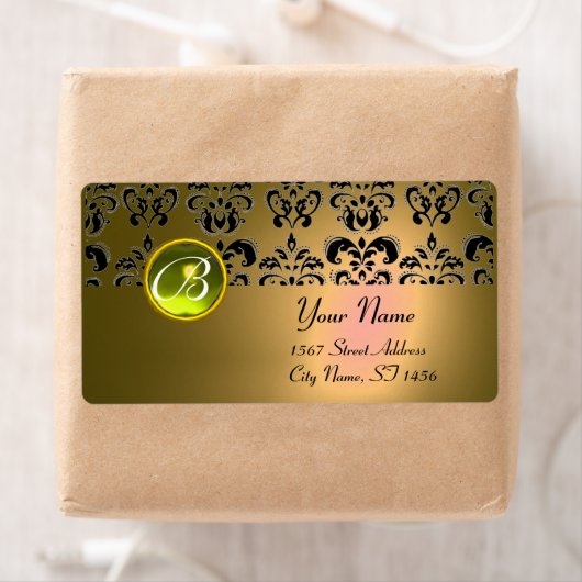GEEL ZWARTE DAMASKMONOGRAM, topaz Etiket (Insitu)