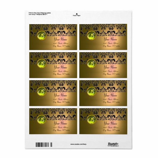 GEEL ZWARTE DAMASKMONOGRAM, topaz Etiket (Full Sheet)