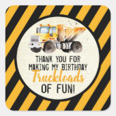 Geel Zwarte Dump Truck Bouwzone Verjaardag Vierkante Sticker (Voorkant)