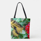 Geel zwarte vlinder fotografie droomscript tote bag (Achterkant)