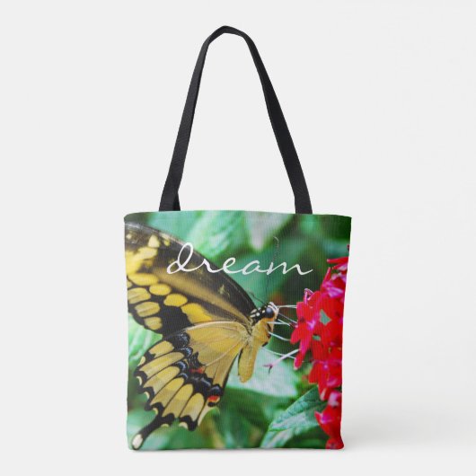 Geel zwarte vlinder fotografie droomscript tote bag (Achterkant)
