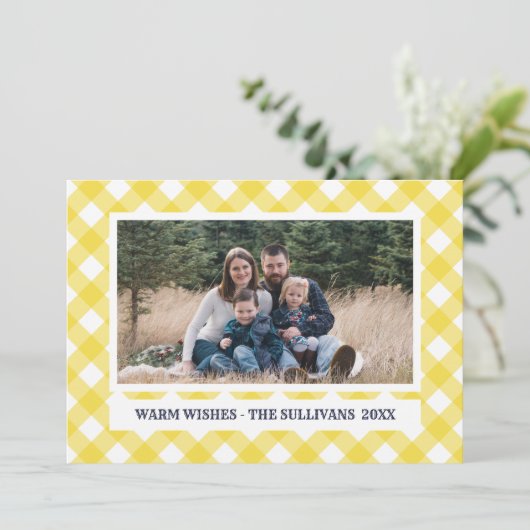 geelblauwe plaid | rustiek | AANGEPASTE vakantiefo Feestdagenkaart (Staand voorkant)