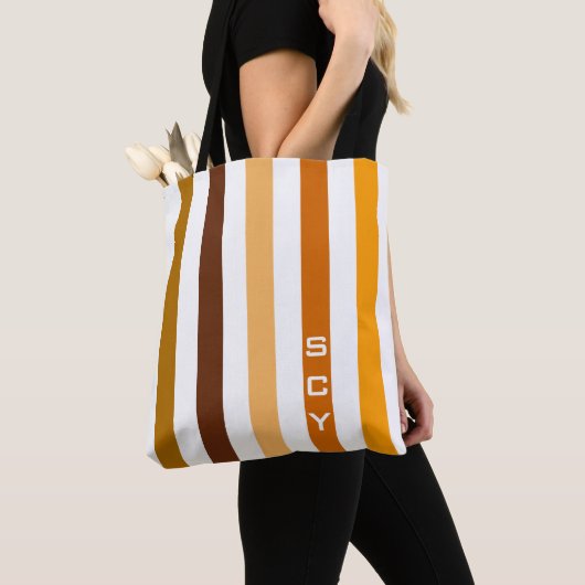 Geelbruin Sinaasappel verticale strepen monogram Tote Bag (Dichtbij)