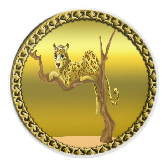 geelbruine cartoon gespikkelde luipaard keramische knop (Voorkant)