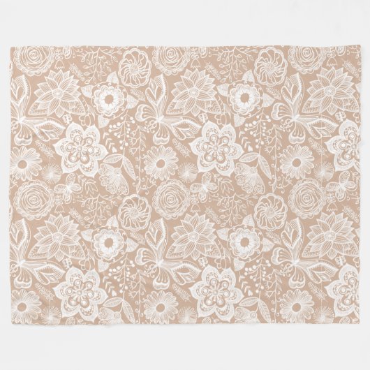 Geelbruine en witte retro bloemen en vlinders fleece deken (Voorkant (Horizontaal))