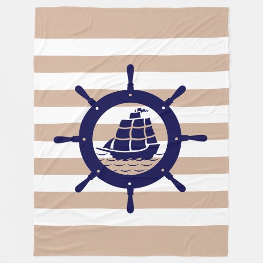 Geelbruine & witte strepen met blauw nautisch boot fleece deken (Voorkant)