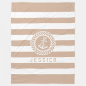 Geelbruine & witte strepen met wit nautisch anker fleece deken (Voorkant)