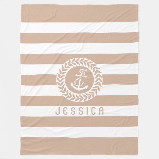 Geelbruine & witte strepen met wit nautisch anker fleece deken (Voorkant)
