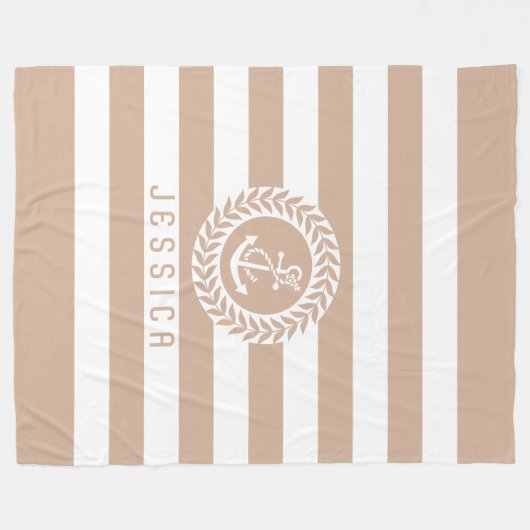 Geelbruine & witte strepen met wit nautisch anker fleece deken (Voorkant (Horizontaal))