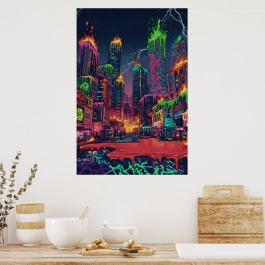 Geëlektrificeerde neonstadskunst poster (Keuken)