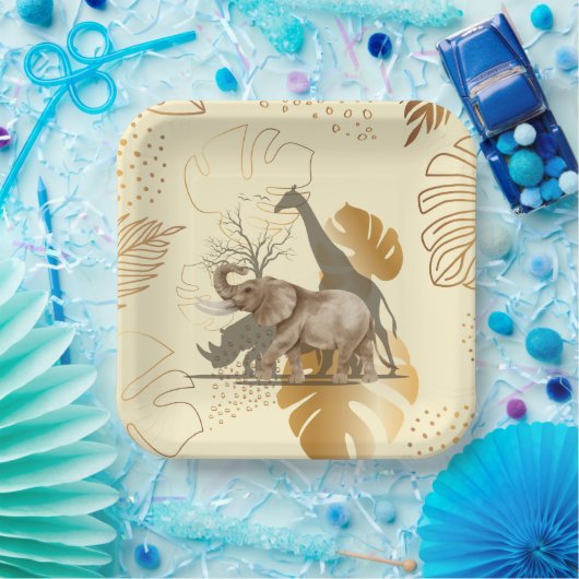 Geelgouden bladeren, olifant, giraf papieren borde papieren bordje (Feest)