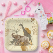 Geelgouden bladeren, olifant, giraf papieren borde papieren bordje (Feest)