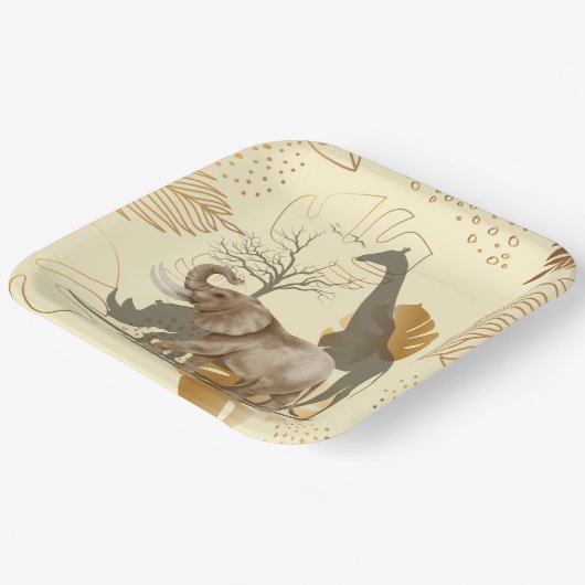 Geelgouden bladeren, olifant, giraf papieren borde papieren bordje (Gebogen)