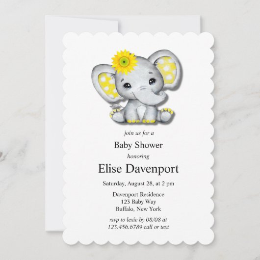 Geelgrijs Zonnebloem Olifant Baby shower Kaart (Voorkant)