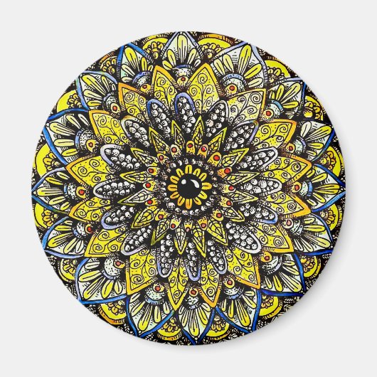 Geelgroen handgetekend mandala-ontwerp magneet (Voorkant)