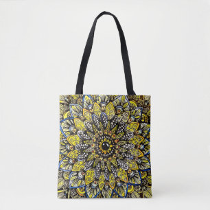 Geelgroen handgetekend mandala-ontwerp tote bag