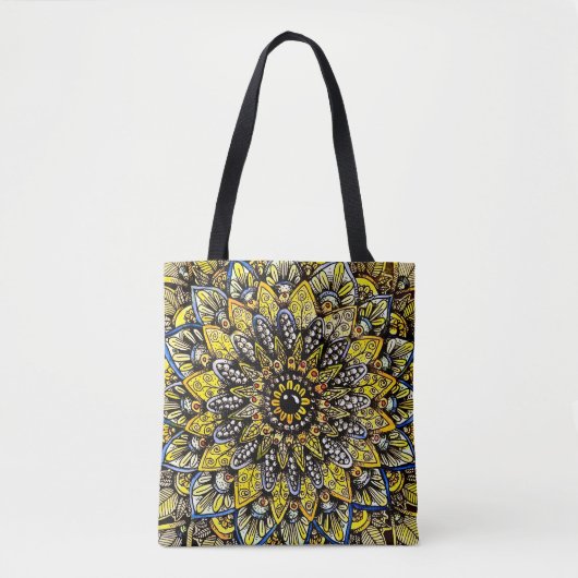 Geelgroen handgetekend mandala-ontwerp tote bag (Voorkant)