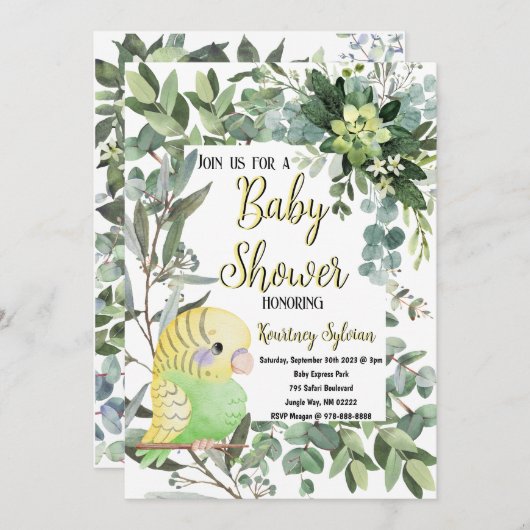 Geelgroene parkiet Vogel Waterverf Baby shower Kaart (Voorkant / Achterkant)