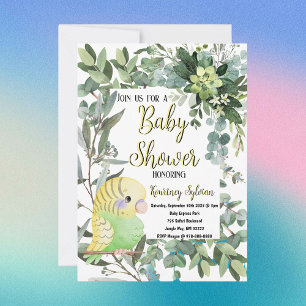 Geelgroene parkietvogel aquarel baby shower kaart