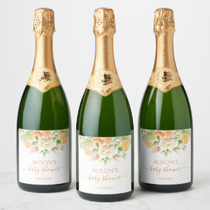 Geelroos bloemengroene meisjes baby shower sparkling wijnetiket