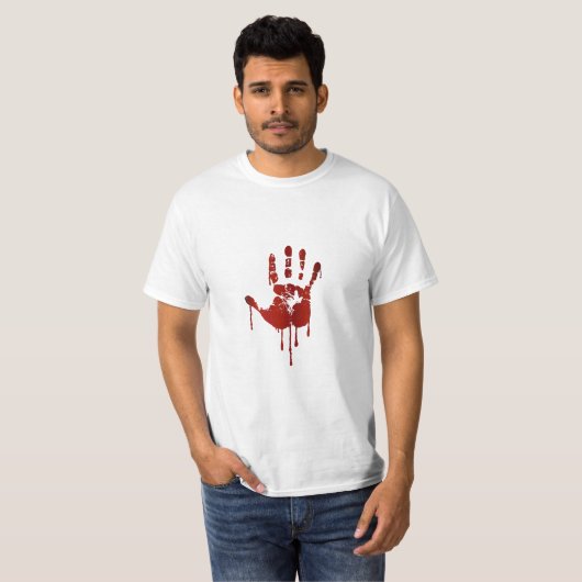 Geelzuchtige hand | Tekst op shirt achterzijde man (Voorkant volledig)