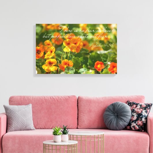 Geen angst in liefde bijbel vers Christelijk bloem Canvas Afdruk (Insitu (Woonkamer))