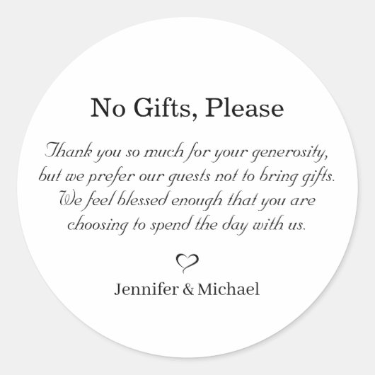 Geen cadeautjes alsjeblieft, let op huwelijkscadea ronde sticker (Voorkant)