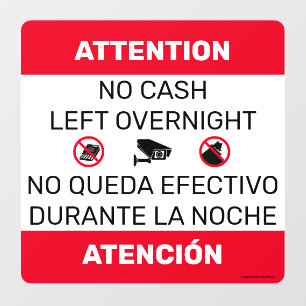Geen contant geld over 's nachts deur venster teke raamsticker
