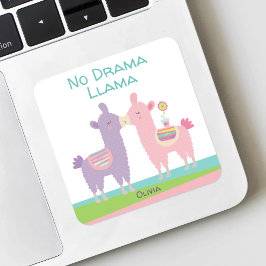 Geen Drama Llama Roze Paarse Turquoise Naam School Vierkante Sticker