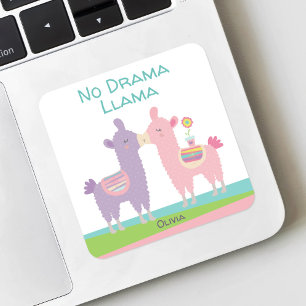 Geen Drama Llama Roze Paarse Turquoise Naam School Vierkante Sticker
