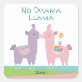 Geen Drama Llama Roze Paarse Turquoise Naam School Vierkante Sticker