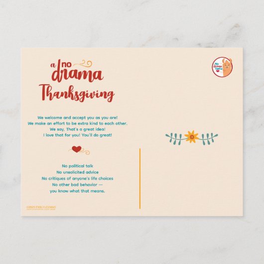 Geen Drama Llama Thanksgiving Cream Uitnodiging (Achterkant)