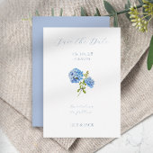 Geen foto Blauw Script Hydrangea Sla de datum Kaar Save The Date