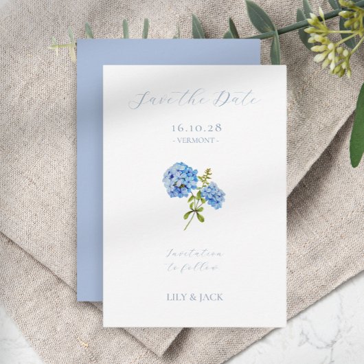 Geen foto Blauw Script Hydrangea Sla de datum Kaar Save The Date