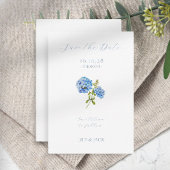 Geen foto Blauw Script Hydrangea Sla de datum Kaar Save The Date