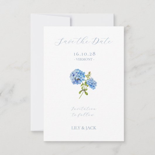 Geen foto Blauw Script Hydrangea Sla de datum Kaar Save The Date (Voorkant)