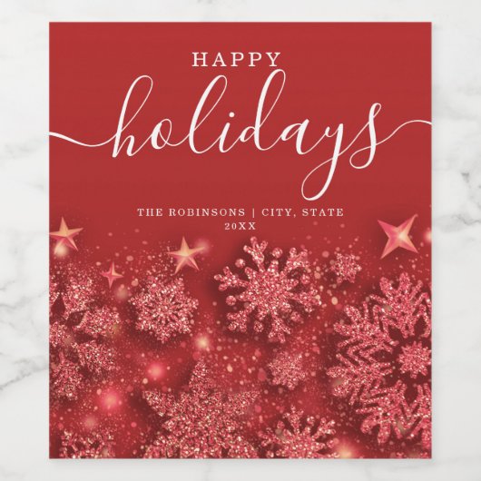 Geen foto Happy Holiday Kerstmis Glitter Snow Red Wijn Etiket (Enkel label)